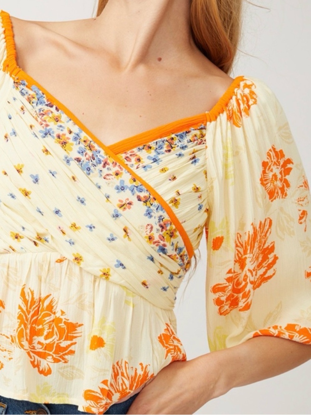 Free People Mirabella Yellow Large Floral Print Peplum Blouse - Size Large